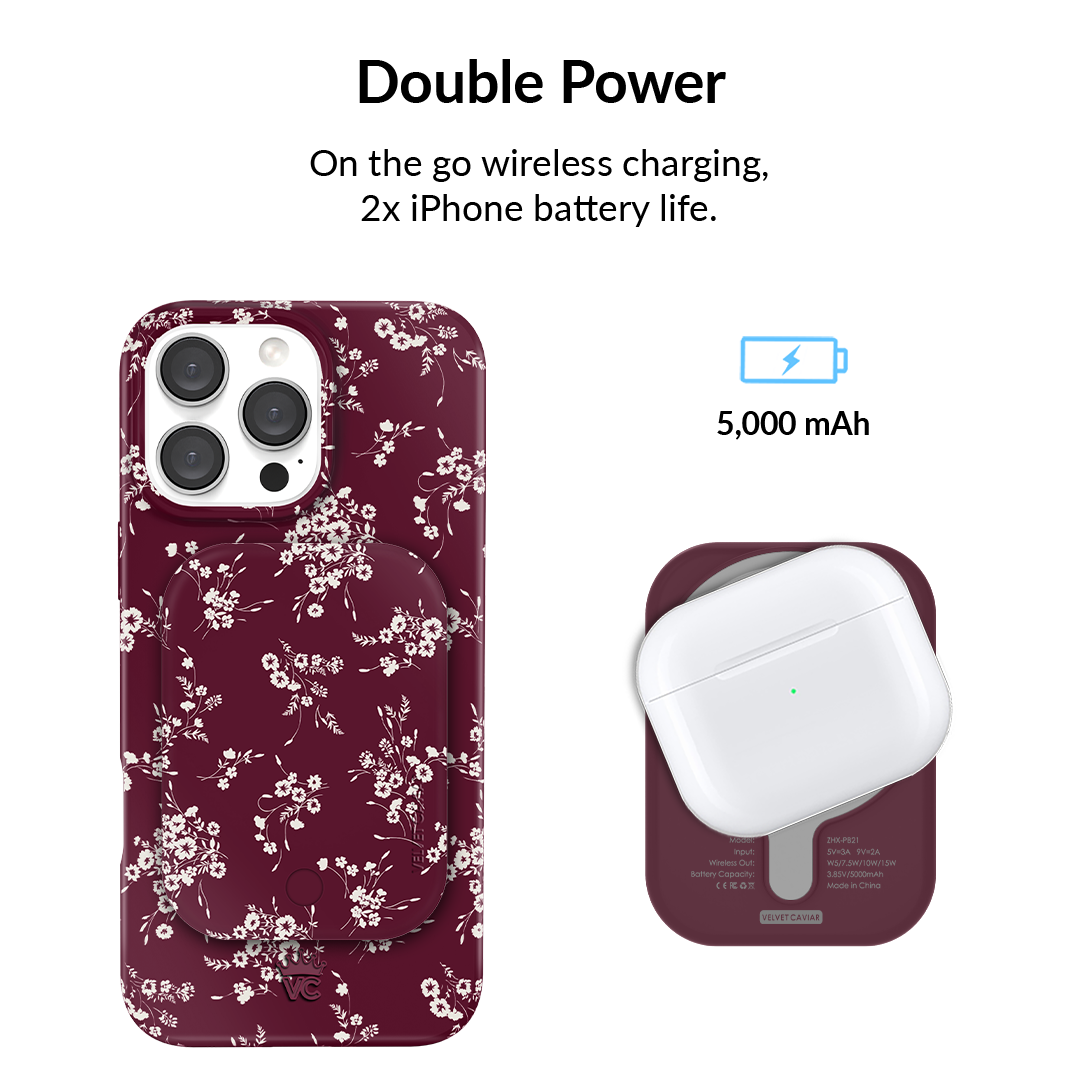 French Burgundy Floral Portable MagSafe Charger Power Pack - Image 3