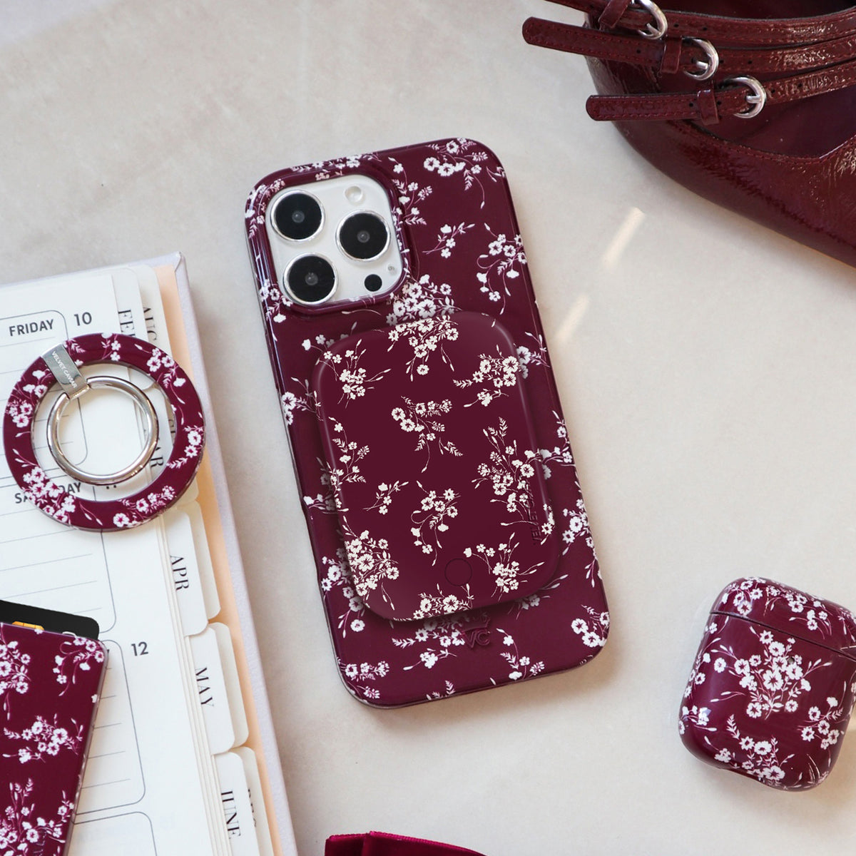 French Burgundy Floral Portable MagSafe Charger Power Pack - Image 2